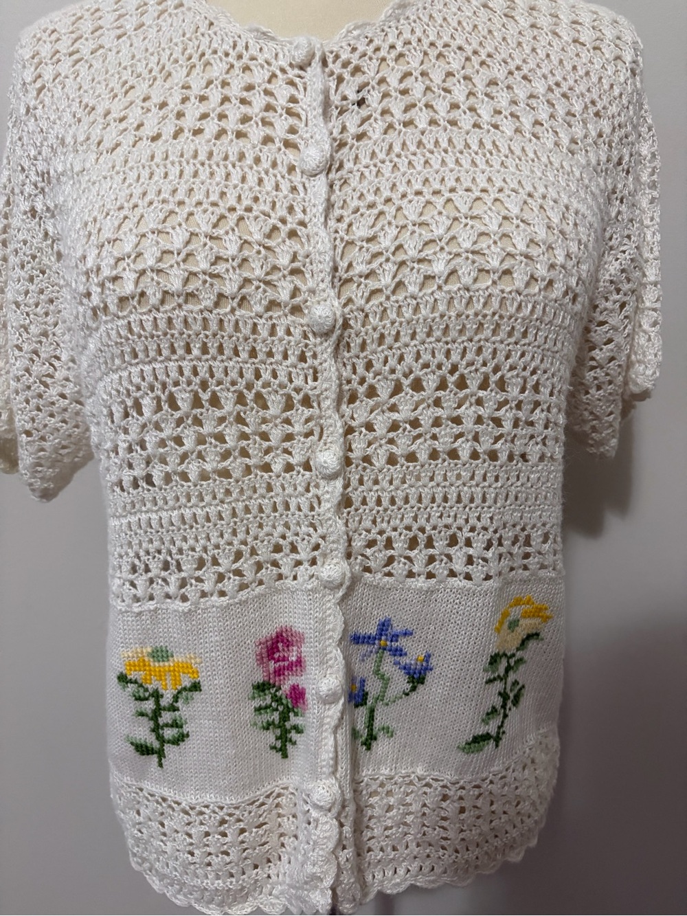 Vintage Teddi Petite M White Knit Top Floral Cottagecore Grandmacore - Picture 4 of 7